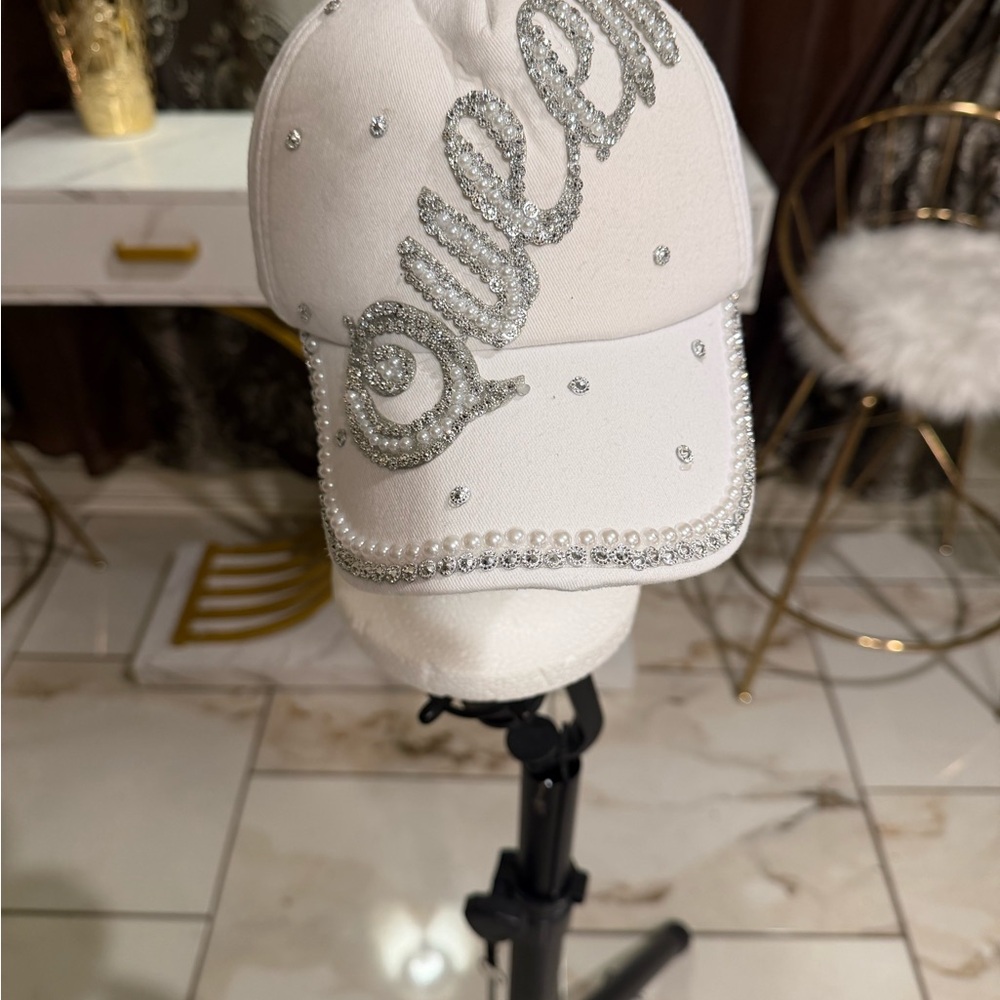White Rhinestone Embellished Cap